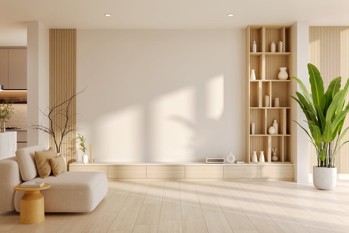 Modern living room with clean wood flooring